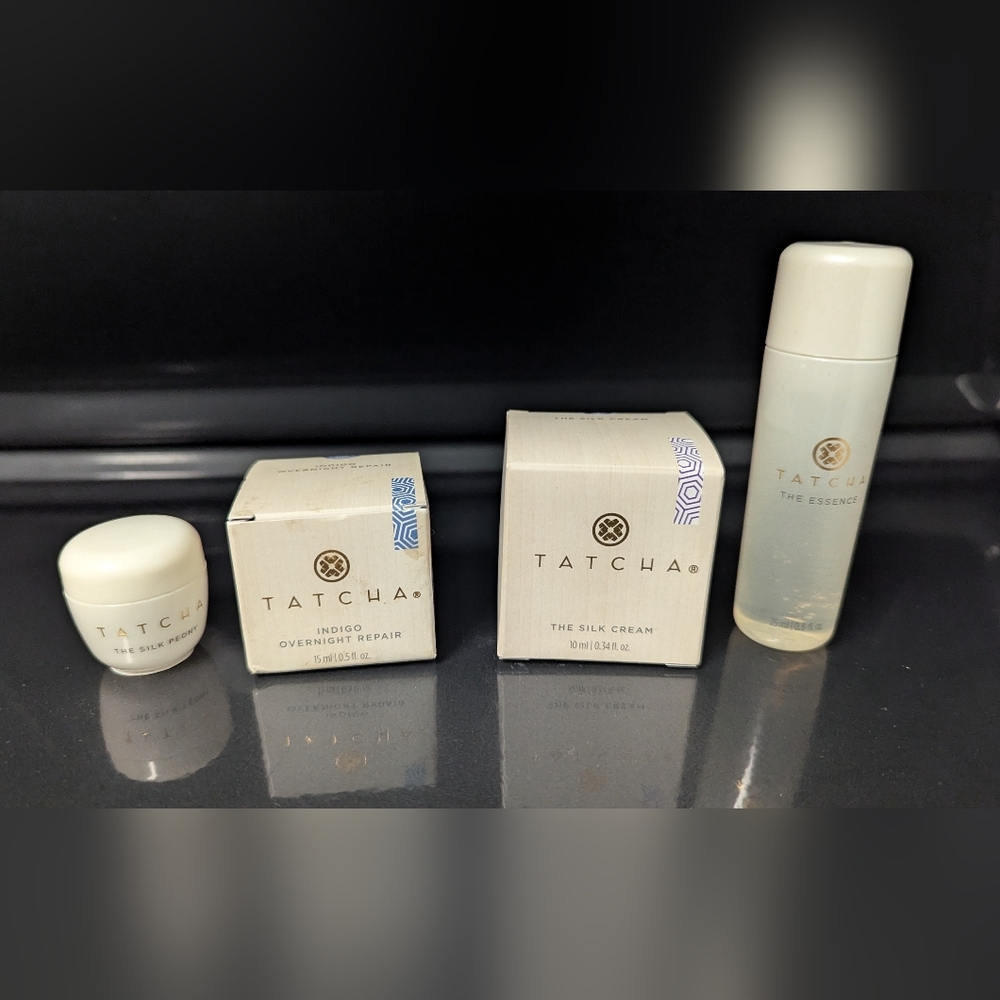 Tatcha Skincare Bundle Mini Essence, Peony Eye Cream, Silk Cream, Indigo Repair
